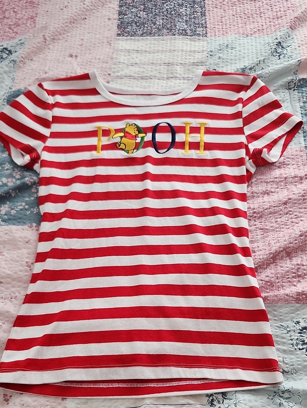 Disney Red & White Striped Short-Sleeve Tee with Winnie the Pooh Embroidery